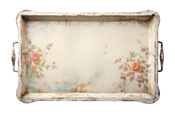 A vintage-style serving tray with a floral pattern and a distressed finish, reminiscent of antique finds from flea markets. ,Isolated on white background