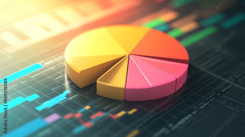 Poster detailed shot of a 3d pie chart with a shadowed effect, showing detailed breakdowns of data in a vis