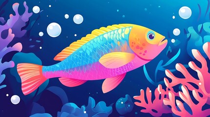 Naklejka premium Vibrant Parrotfish in Coral Reef Illustration with Clean Color Blocks