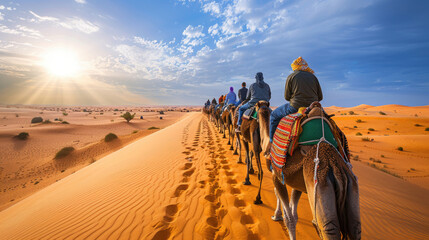 A caravan of camels travels across sprawling sand dunes, leaving footprints in the warm desert as the sun sets on the horizon