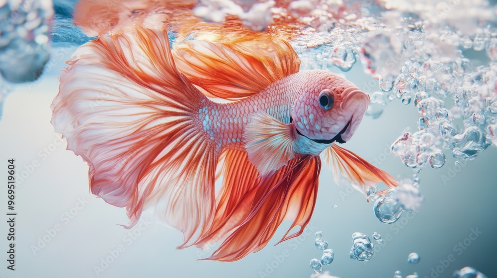 Poster detailed shot of a betta fish with elaborate fins and vivid hues, showcasing its intricate patterns 