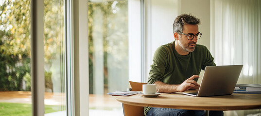 A man in a green shirt is working on his laptop at a table by a window.
