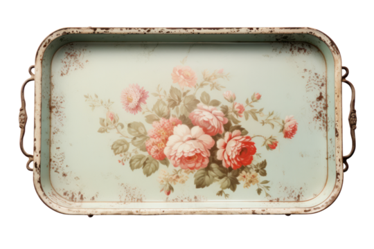 A vintage-style serving tray with a floral pattern and a distressed finish, reminiscent of antique finds from flea markets. ,Isolated on white background