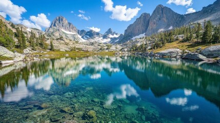 Obraz premium A mountain lake reflecting the surrounding towering peaks, with crystal-clear water and blue skies above.