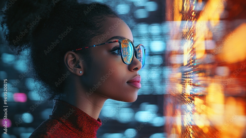 Poster side profile of it specialist in cybersecurity threat analysis using ai and augmented reality tools 