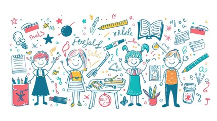 Fototapeta premium vibrant illustration of children engaged in creative activities with art supplies, promoting imagination and learning.