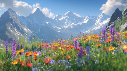Fototapeta premium A mountain ridge covered in colorful wildflowers, with a backdrop of towering peaks and a clear, sunny sky.