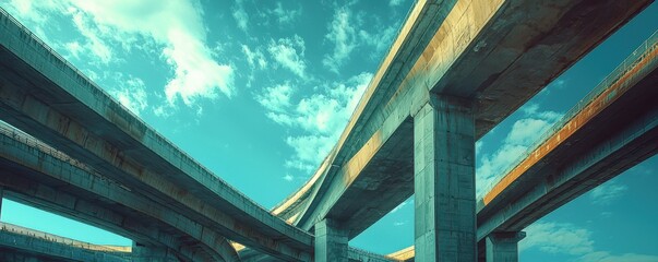 Obraz premium A stunning view of a concrete overpass under a vibrant blue sky, showcasing modern architecture and urban design elements.