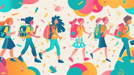 vibrant illustration of diverse travelers carrying backpacks, enjoying a festive atmosphere with colorful shapes and confetti.