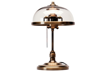 A vintage-style desk lamp with a brass base and glass shade, isolated on a white background
