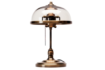 A vintage-style desk lamp with a brass base and glass shade, isolated on a white background