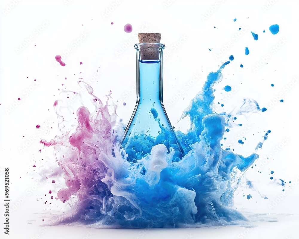 Poster a vibrant blue liquid in a flask, surrounded by colorful splashes, representing creativity and scien