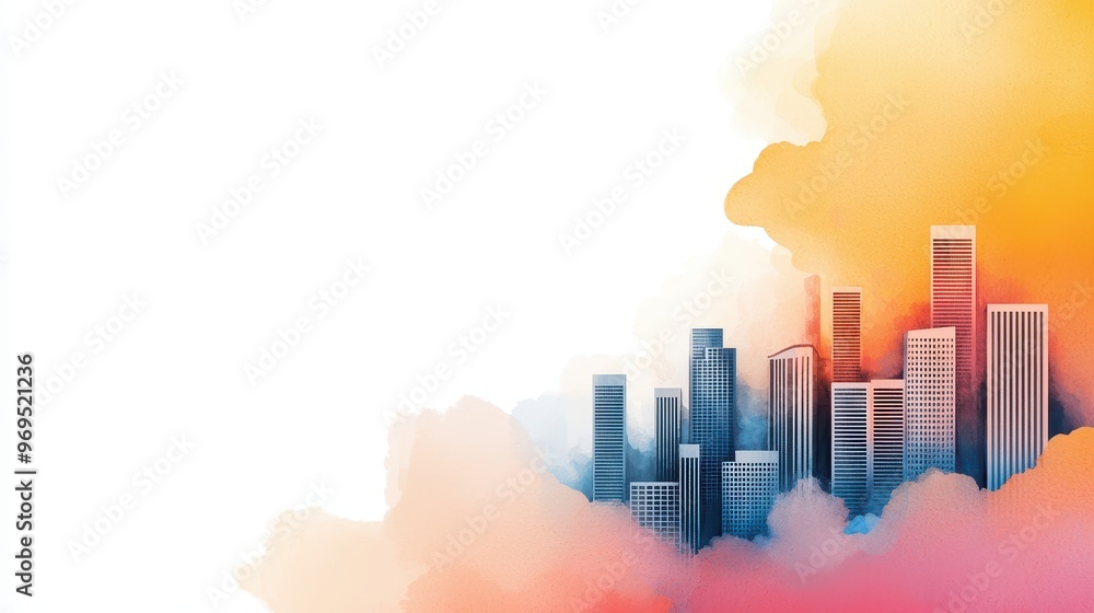 Poster a vibrant cityscape emerges from colorful clouds, showcasing modern architecture and artistic visual