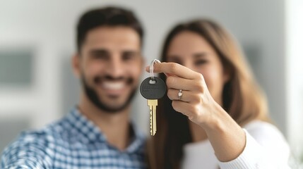Smiling couple proudly holding house keys, celebrating their new home purchase and fresh beginnings