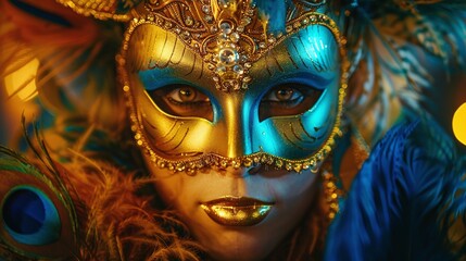 festival mask carnival in venice italy with golden design and feather decorations perfect for masquerade ball and traditional theater costume theme