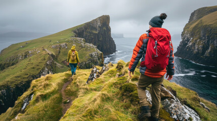 Two hikers navigate a grassy trail on cliffs overlooking the turbulent sea in the Shetland Islands under a gray sky