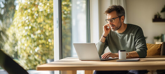 A man sits at a wooden table by a window, working on his laptop. There is a cup of coffee on the table beside him and some papers. He is looking intently at the computer screen, appearing focused on h