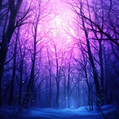 Fototapeta premium Mystical forest with enchanting purple hues and glowing lights, perfect for capturing the essence of fantasy and tranquility.