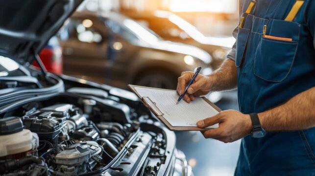 Auto check, car service shop concept. Automobile repairman writing job checklist on clipboard, mechanic checking engine to estimate repair machine, inspecting maintenance by engineer at vehicle garage