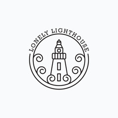 Minimalist line art lighthouse with wave logo vector illustration design. Simple lighthouse badge concept.