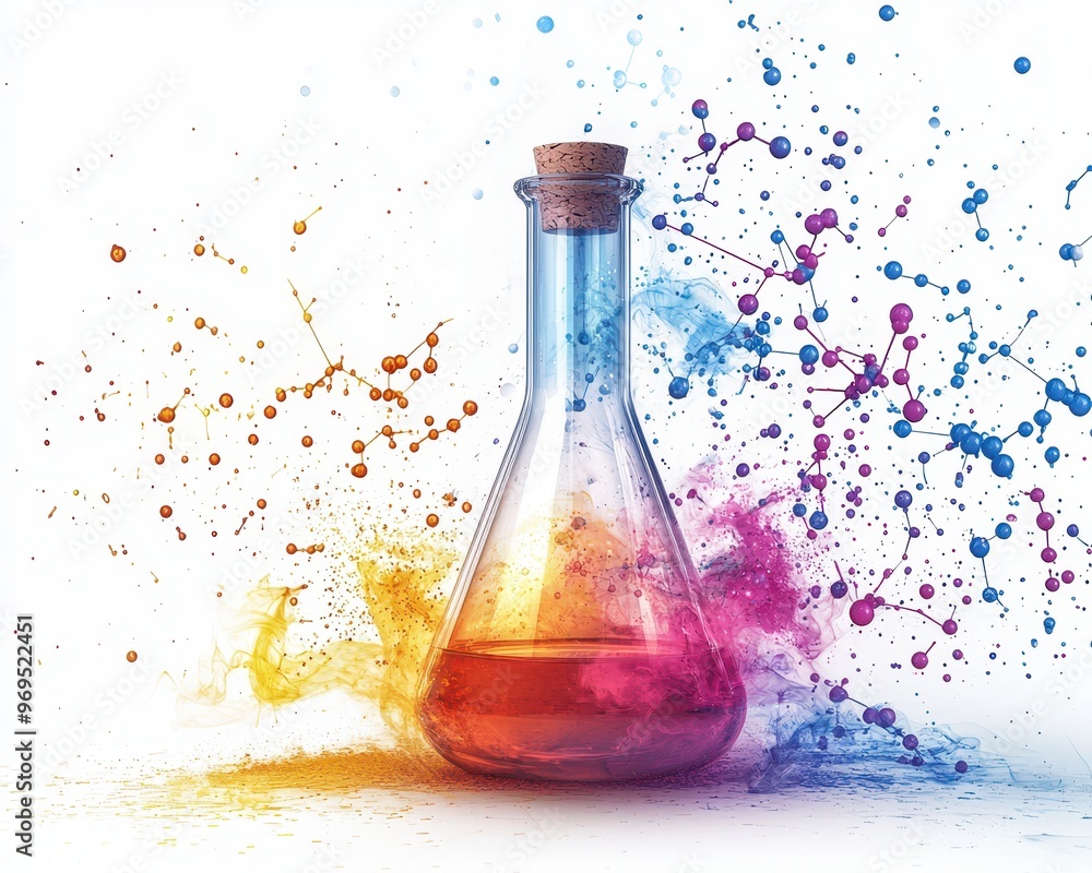 Poster a vibrant lab flask filled with colorful liquid, surrounded by dynamic splashes of paint and energy,