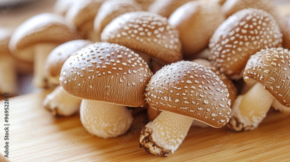 Poster detailed shot of a cluster of shiitake mushrooms on a wooden cutting board, emphasizing their distin