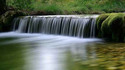 A peaceful waterfall flowing gently into a calm river, with soft moss-covered rocks lining the shore.