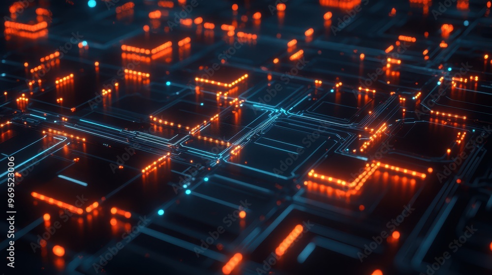 Poster Abstract close-up of a digital circuit board with glowing orange lights and complex pathways, symbolizing advanced technology.
