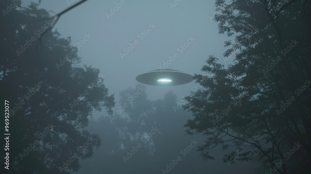 Aufkleber a saucer-shaped object floats silently above a dense forest shrouded in fog as twilight envelops the