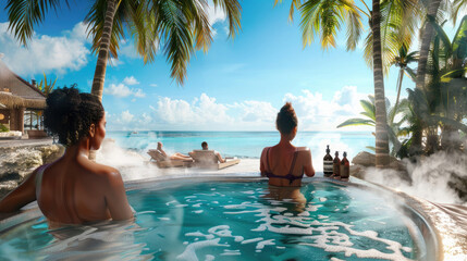 Two women enjoy a soothing soak in a hot tub by the beach, surrounded by palm trees, while a couple lounges nearby under the sun