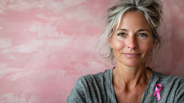 Portrait of a Woman with a Pink Ribbon for Breast Cancer Awareness