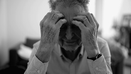 Elderly man in deep contemplation with his hands on his face, portraying feelings of stress and...