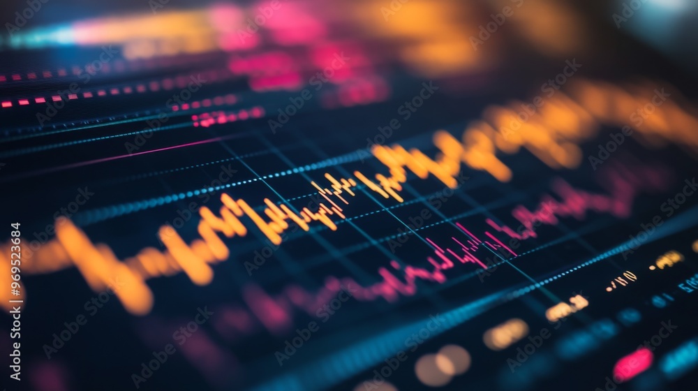 Fototapete Detailed shot of a financial graph with fluctuating stock prices, highlighting various data points and trend lines in a professional setting.