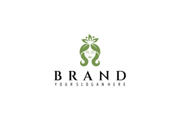 beautiful woman logo with flower crown in flat design