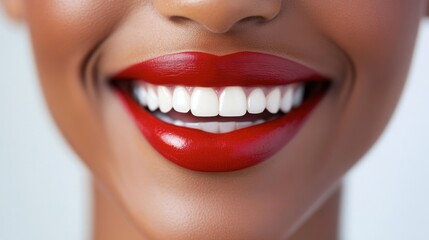 Obraz premium A person with red lipstick smiling, showcasing bold, vibrant lip color and perfect teeth.