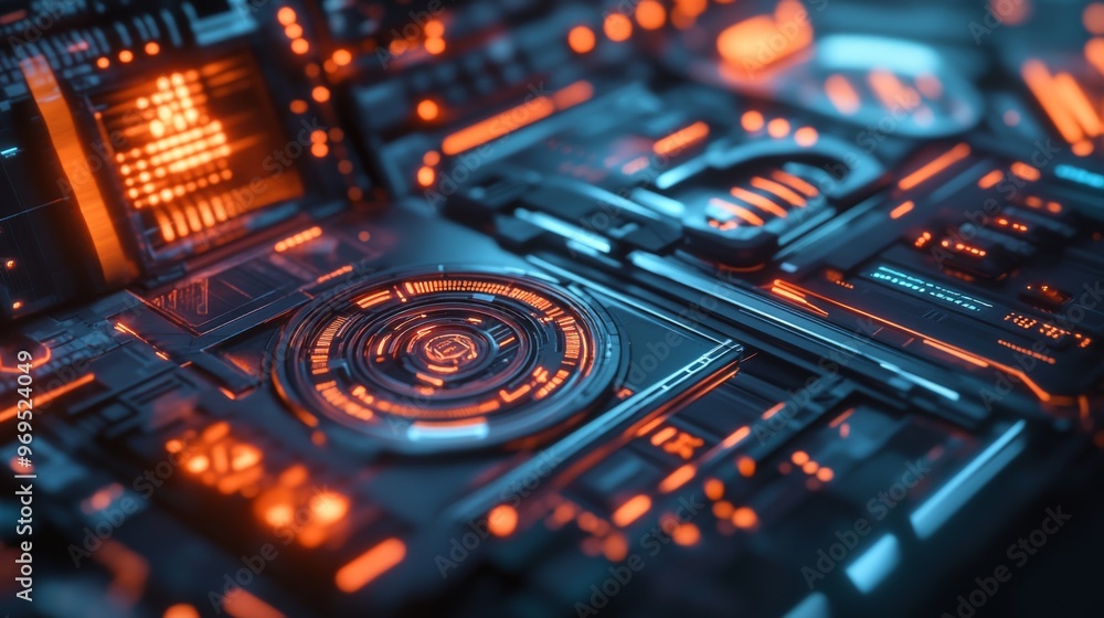 Aufkleber detailed shot of a futuristic graphic with tech-inspired elements and a cool color palette, perfect 