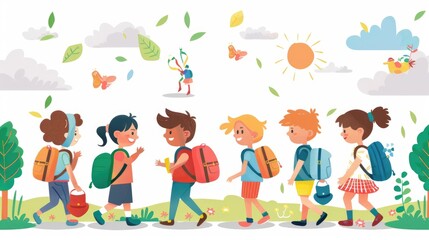 Colorful illustration of children walking in nature with backpacks, enjoying a sunny day, surrounded by butterflies and plants.