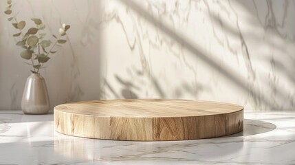 refreshing kitchen interior featuring a product stand and wooden counter backdrop creating an elegant atmosphere for food display