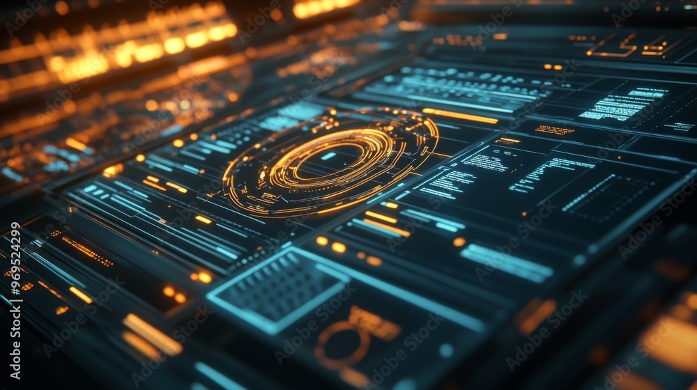 Aufkleber detailed shot of a futuristic graphic with tech-inspired elements and a cool color palette, perfect 