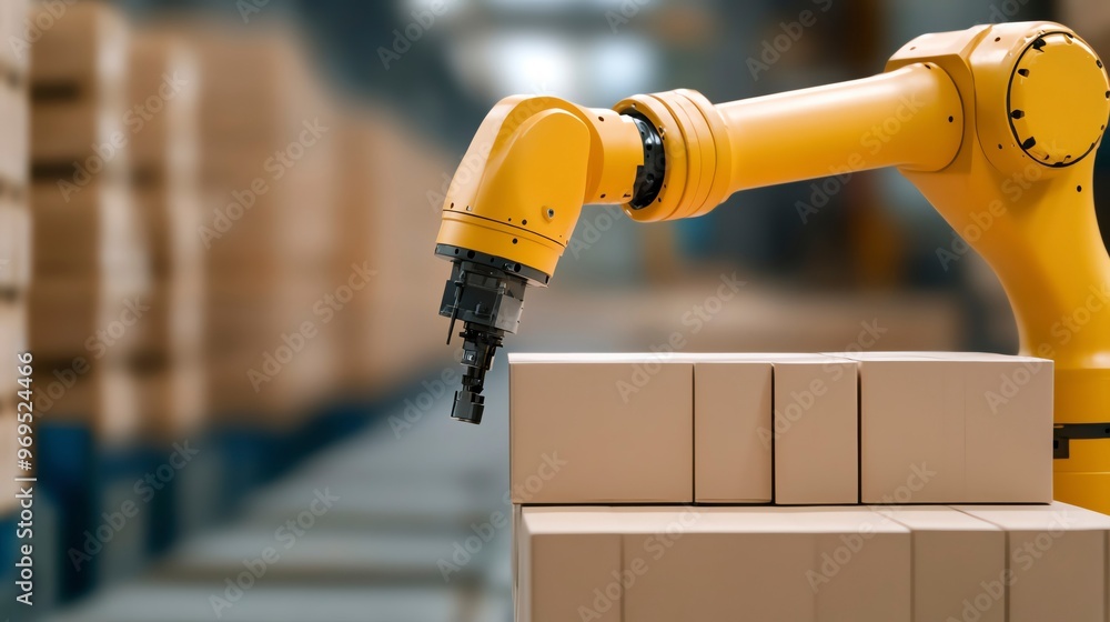 Poster a robotic arm handling packages in a modern warehouse, showcasing automation and efficiency in logis