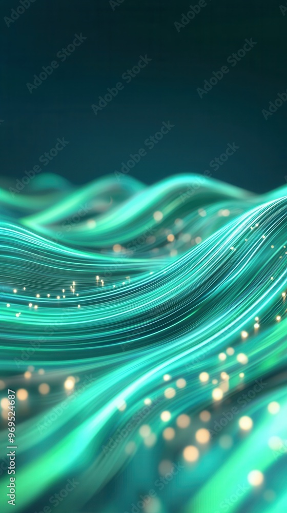 Poster abstract image of glowing waves in vibrant teal, creating a mesmerizing visual for digital art, tech