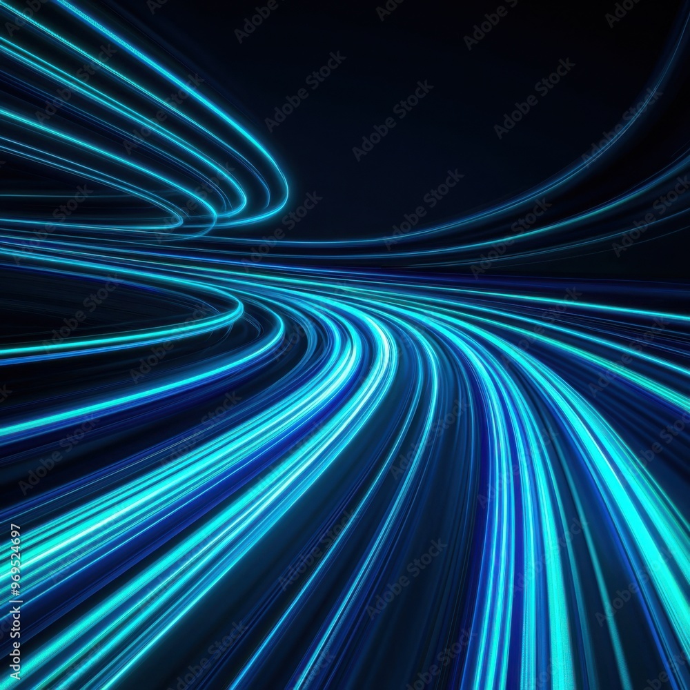 Poster abstract light trails create a dynamic sense of movement in bright blue against a dark backdrop, ide
