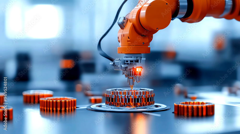 Poster advanced robotic arm engaged in precision manufacturing, enhancing efficiency in an automated indust