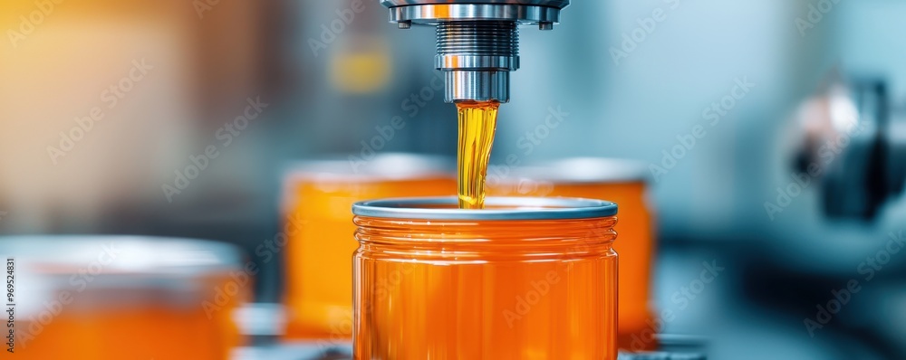 Poster close-up of a filling machine pouring liquid into jars in a modern factory setup, showcasing efficie