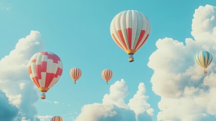 Fototapeta premium A picturesque sky with colorful hot air balloons floating gently against a backdrop of fluffy white clouds.