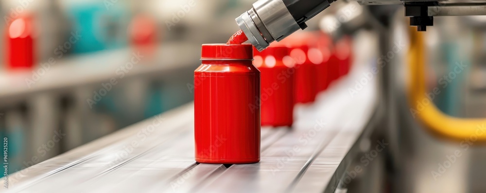 Poster close-up of a red container on a production line, showcasing automation in packaging and quality man