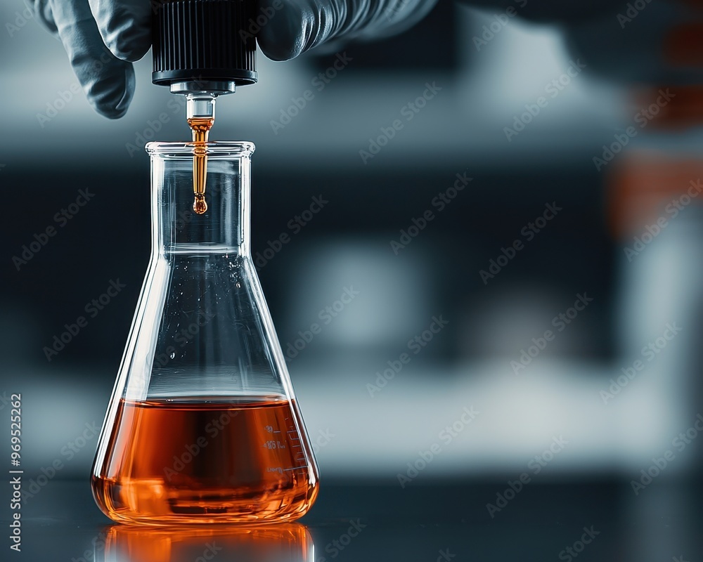 Poster close-up of a scientist's hand dropping a liquid into a flask, showcasing laboratory experimentation