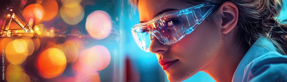 Poster close-up of a scientist in protective eyewear, focused on research with colorful lab environment in 
