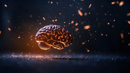 Fototapeta premium A vivid illustration of a glowing brain surrounded by sparks, symbolizing creativity and intelligence in a dynamic atmosphere.
