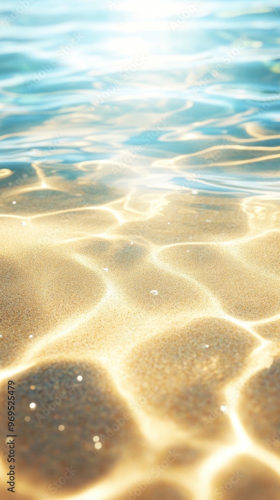 Poster a serene view of shimmering water, reflecting sunlight and creating beautiful patterns on the sandy 